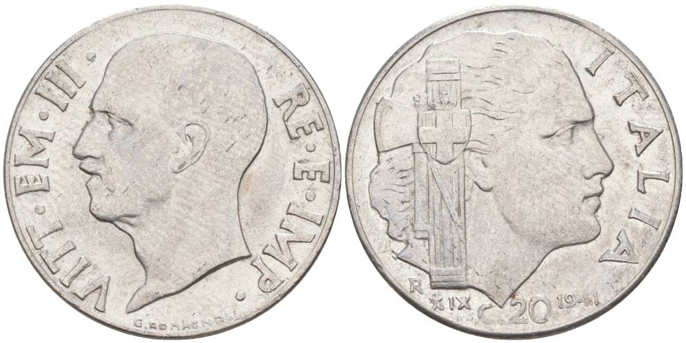 ИТАЛИЯ 20 ЧЕНТЕЗИМО 1941 R, ГОД XIX, ВИКТОР ЭММАНУИЛ III (1900-1946) KM 75b, VEM3. 1028 нержавеющая сталь 3853-1143