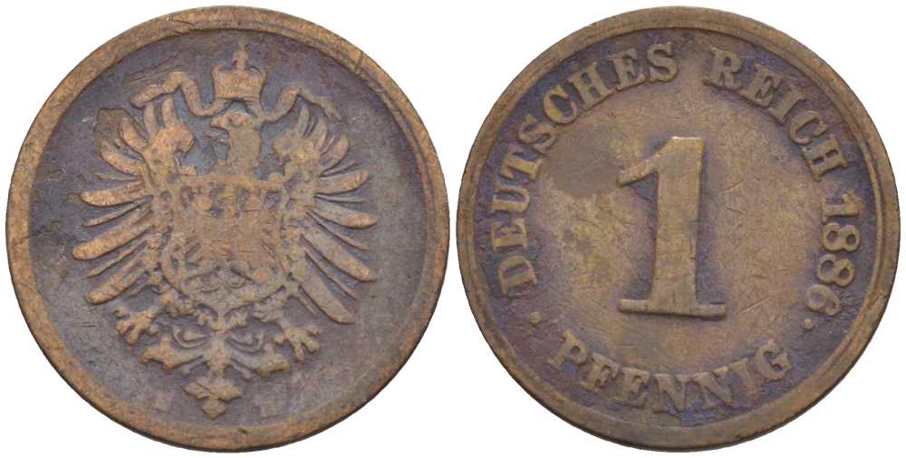 ГЕРМАНИЯ 1 ПФЕННИГ 1886 D, СТАРОГЕРБОВКА KM 1, J. 1, Weege 1 медь 206-1247