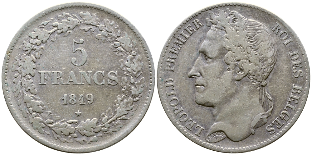 Бельгия 5 франков 1849 Леопольд I (1831-1865), в венке KM 3.2 серебро 74-1032