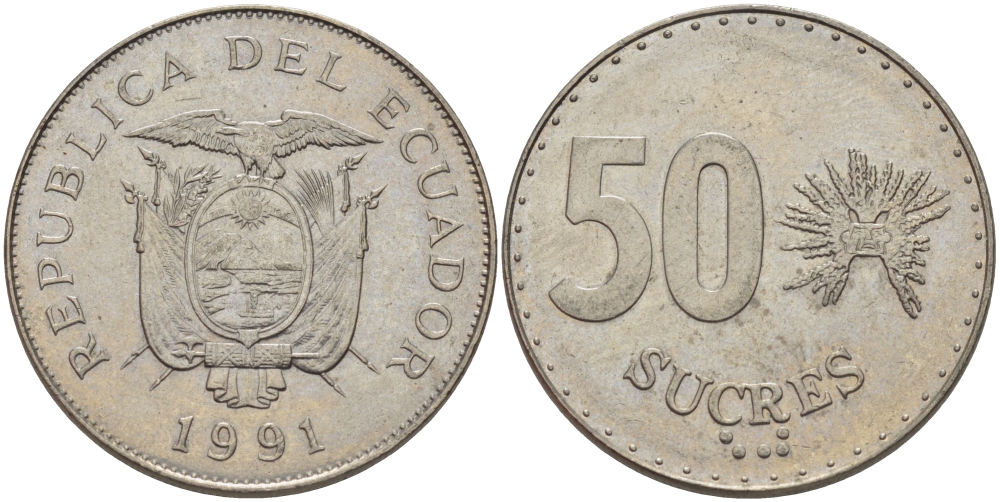 ЭКВАДОР 50 СУКРЕ 1991 KM 93 сталь плакированная никелем 82-921