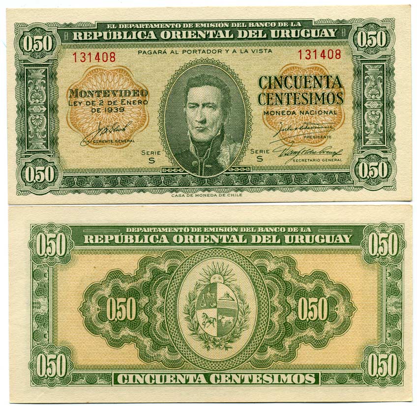 Уругвай 50 сентесимо 1939 Хосе Хервасио Артигас, серия S Pick 34 бумага UNC (пресс) 447-86-3-2