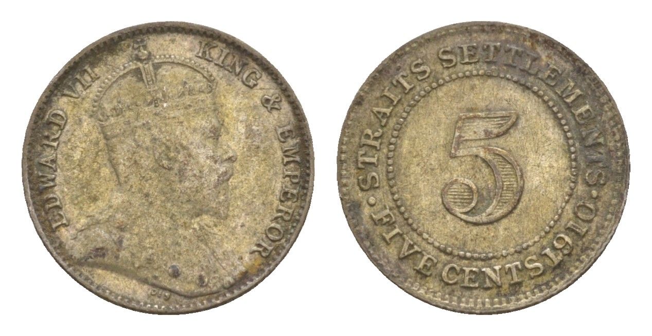 Стрейтс-Сетлментс (Стрейтс Сетлментс) 5 центов 1910 Эдуард VII (1901-1910) KM 20a серебро 1519-1033