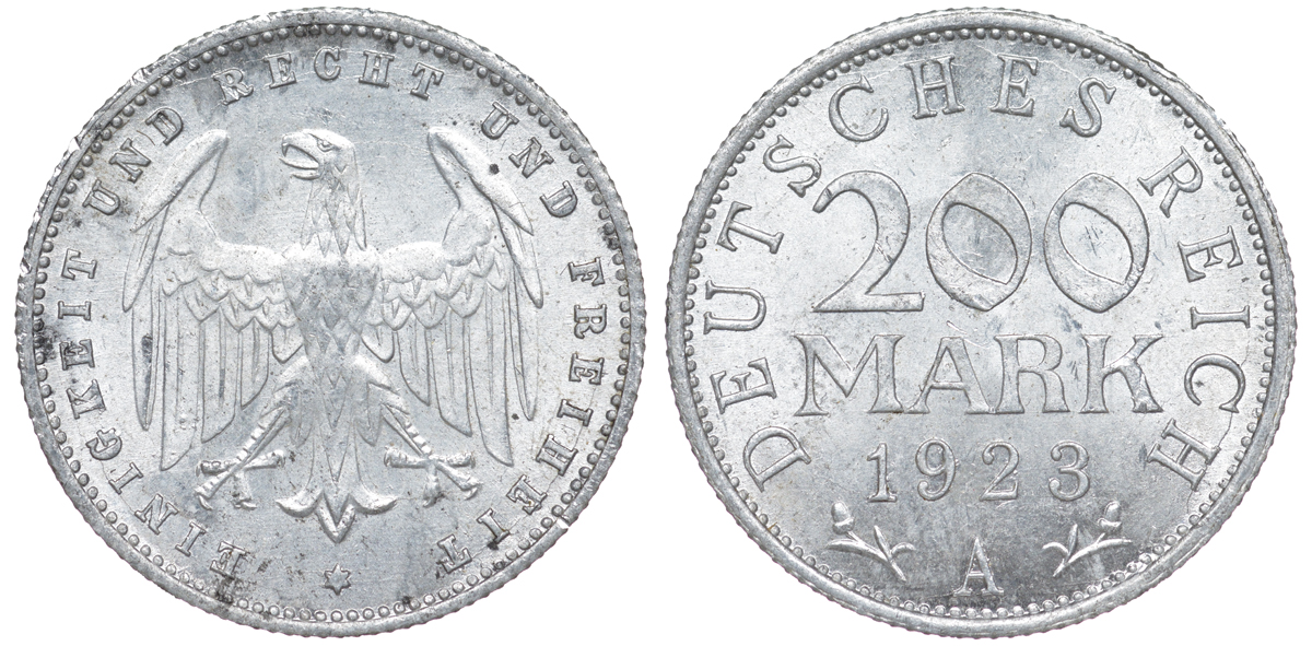 Германия 200 марок 1923 A KM 35, J. 304, Weege 22 алюминий 4604-544