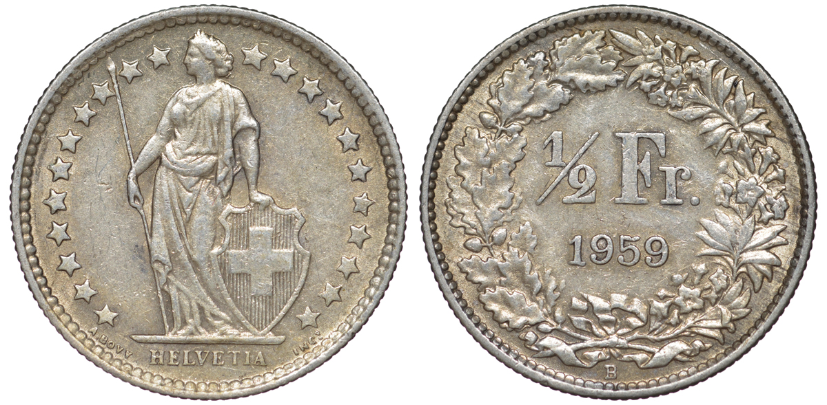 Швейцария 1/2 франка 1959 KM 23 серебро 4178-311