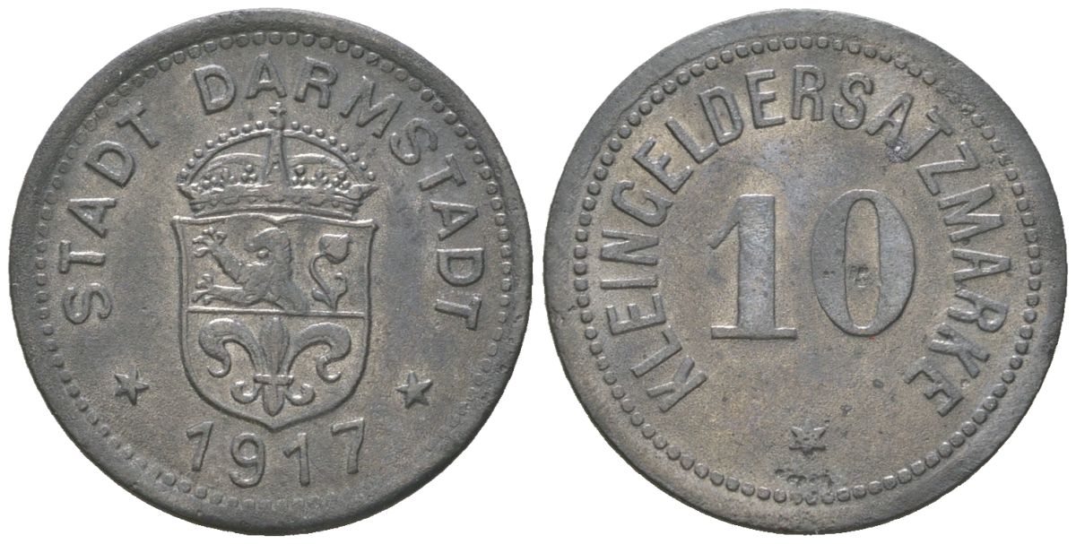 Дармштадт 10 пфеннигов 1917 Funck 88.1A, Men05 4934.1, Men18 6167.1 цинк 176-862