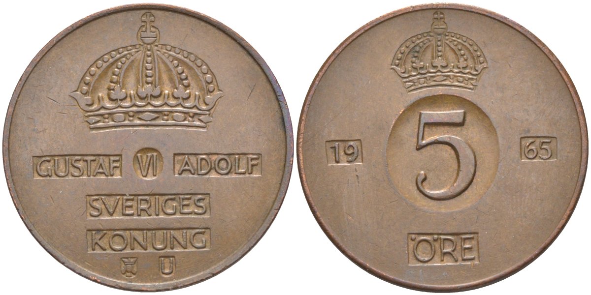 Швеция 5 эре 1965 U, Густав VI Адольф(1950-1973) KM 822 бронза 219-943