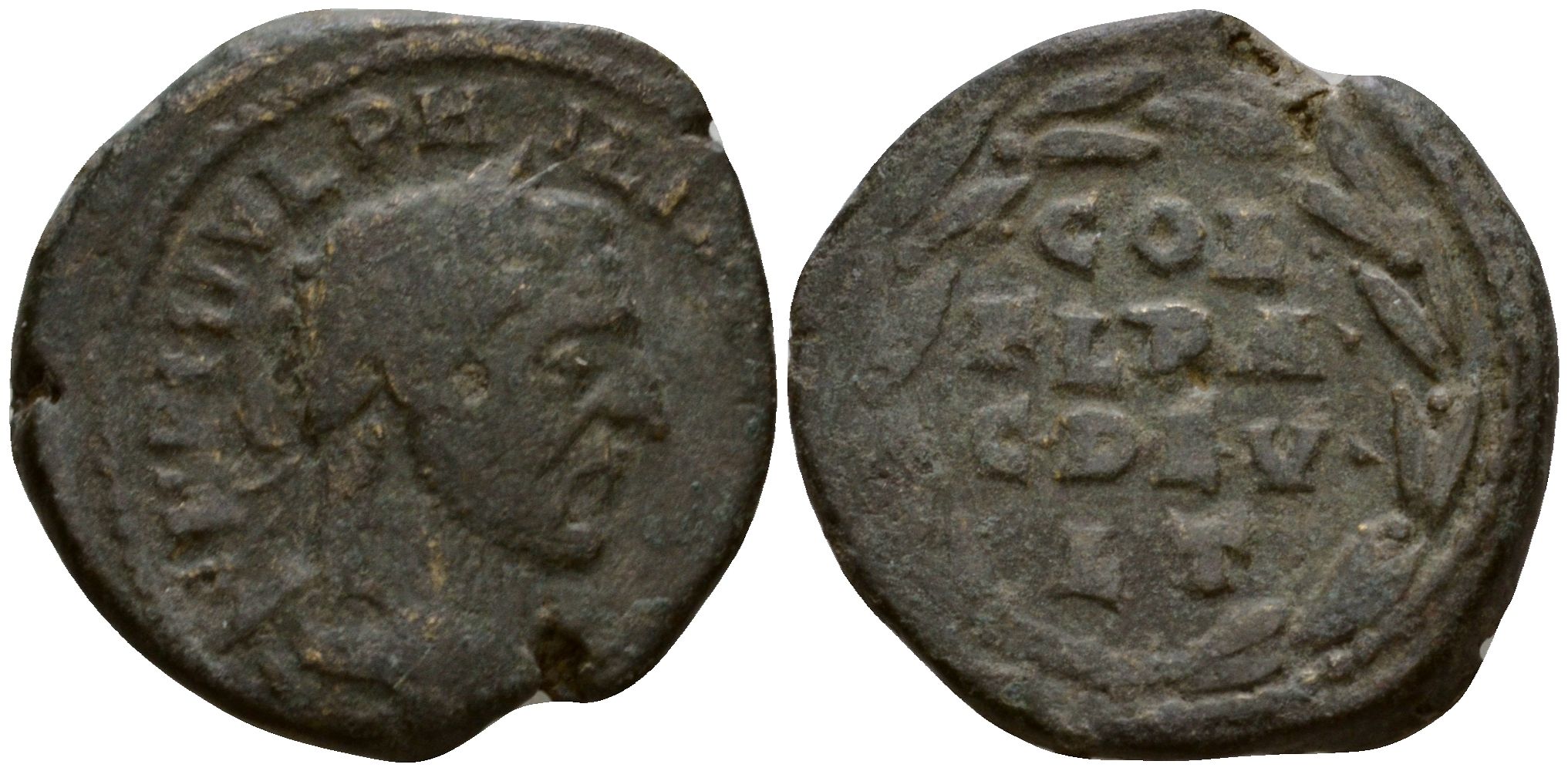 Римская Империя, Провинция Фракия, Деульт AE 244 - 249 Филипп I Араб, бюст императора / COL FLPA C DEVLT в венке бронза 1100-8-54