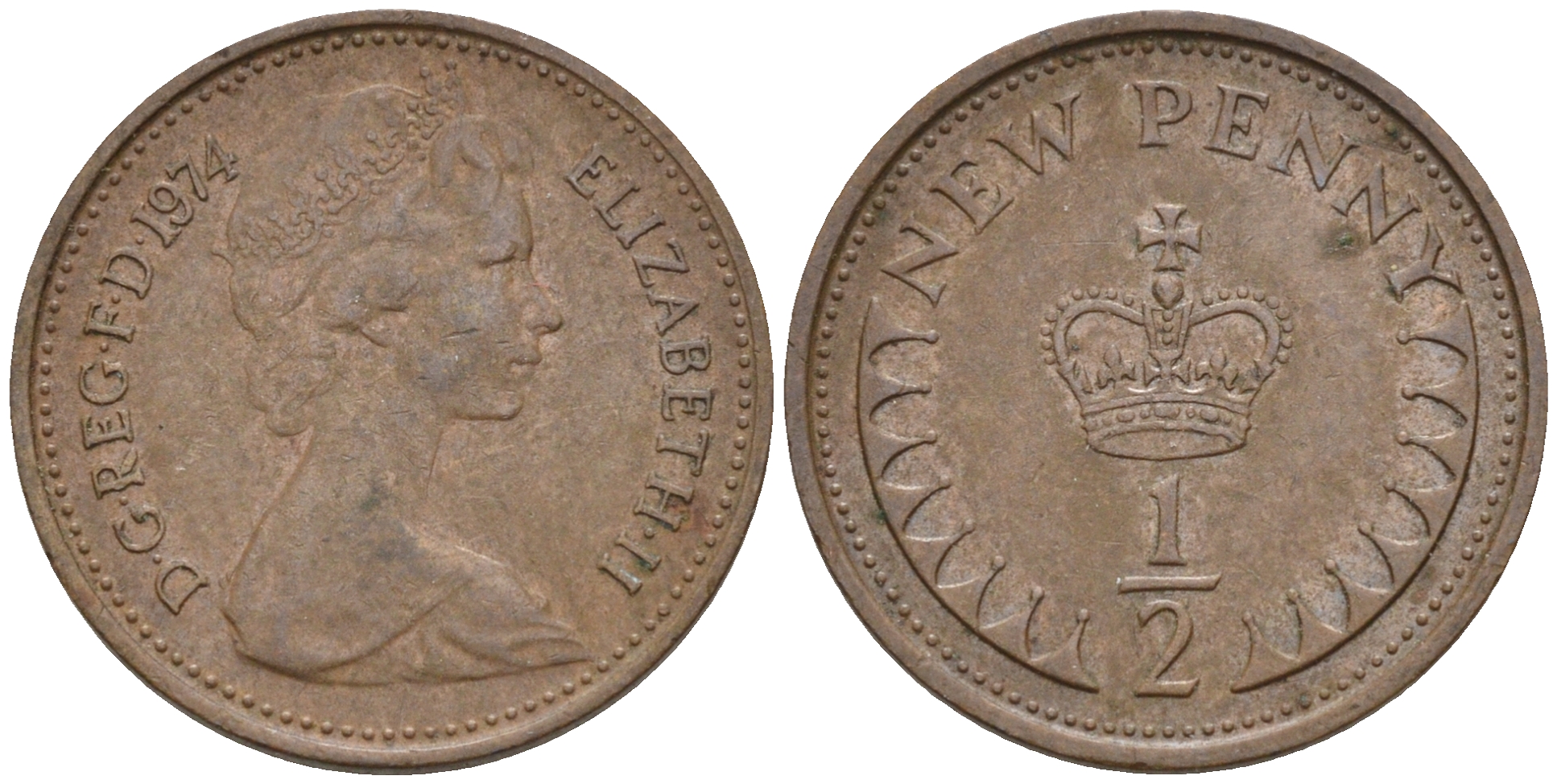 Великобритания 1/2 пенни 1974 Елизавета II (1952-2022) KM 914, Spink 4239 бронза    4189-118