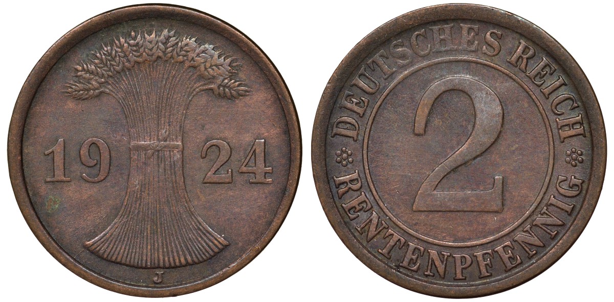 Германия 2 рентенпфеннига 1924 J KM 31, J.307 бронза 4164-369
