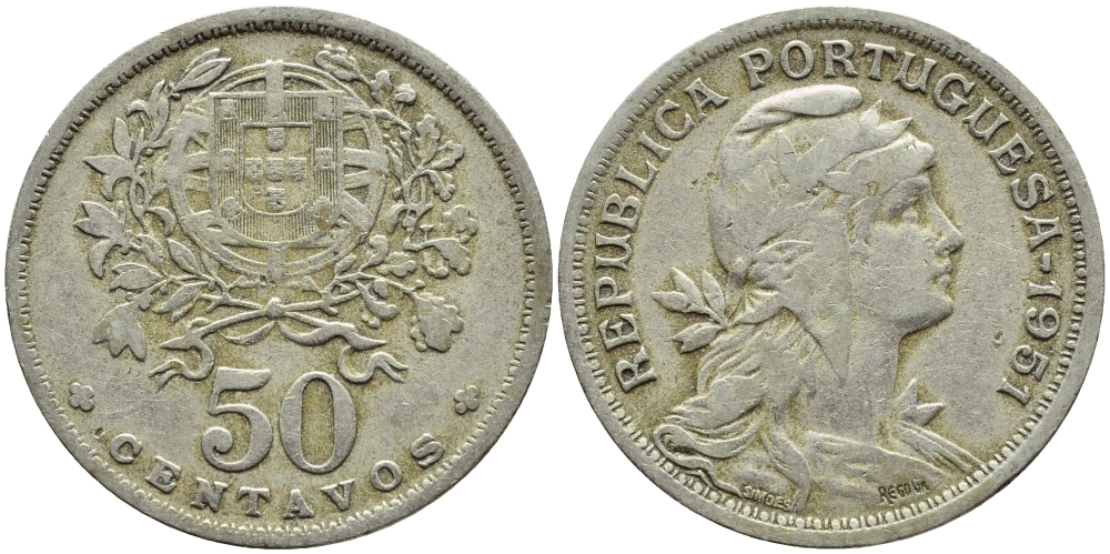 Португалия 50 сентаво 1951 KM 577 медно-никель 4395-822