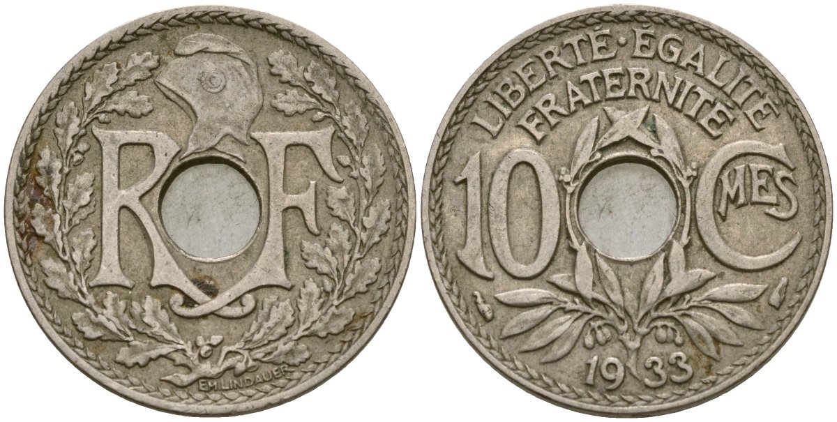 Франция 10 сантимов 1933 KM 866a медно-никель 51-2653