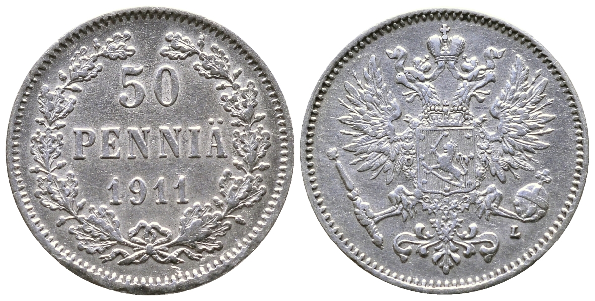 Россия для Финляндии 50 пенни 1911 L, Николай II (1894-1917) КМ 2.2, Биткин 404 серебро 4383-111