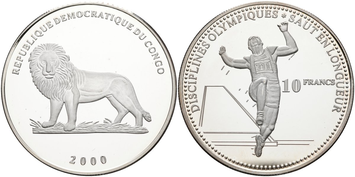 Конго 10 франков 2000 олимпийские дисциплины, прыжки в длинну KM 44 серебро PROOF 04-319-14
