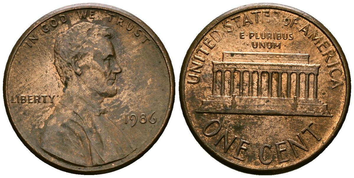 США 1 цент 1986 Линкольн KM 201b цинк плакированный медью 4136-318
