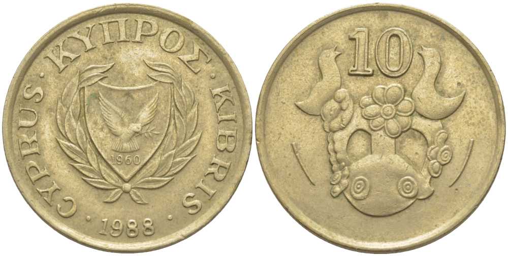 КИПР 10 ЦЕНТОВ 1988 ПТИЧКИ НА ВАЗЕ KM 56.2 никель латунь 117-323