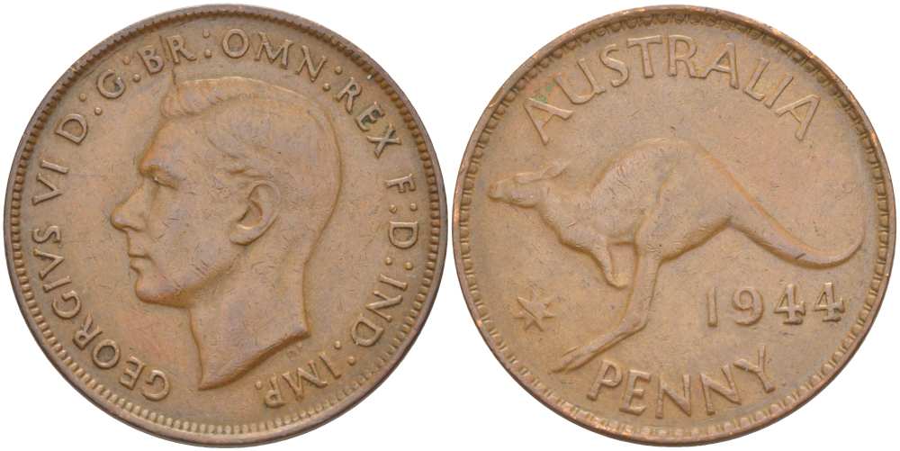 АВСТРАЛИЯ 1 ПЕННИ 1944 p, ГЕОРГ VI (1936-1952), КЕНГУРУ KM 36 бронза 4512-1134