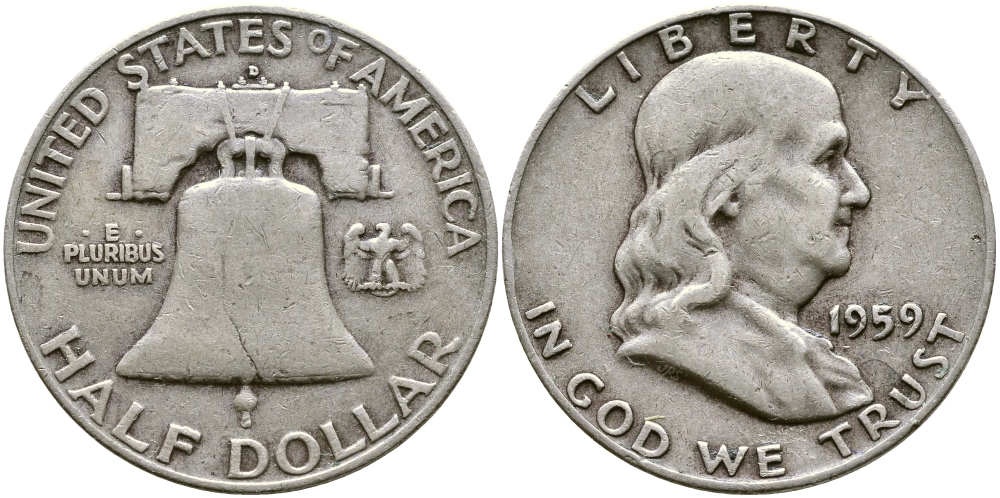США 1/2 ДОЛЛАРА ( 50 ЦЕНТОВ ) 1959 D, ФРАНКЛИН, КОЛОКОЛ KM 199 серебро 58-621