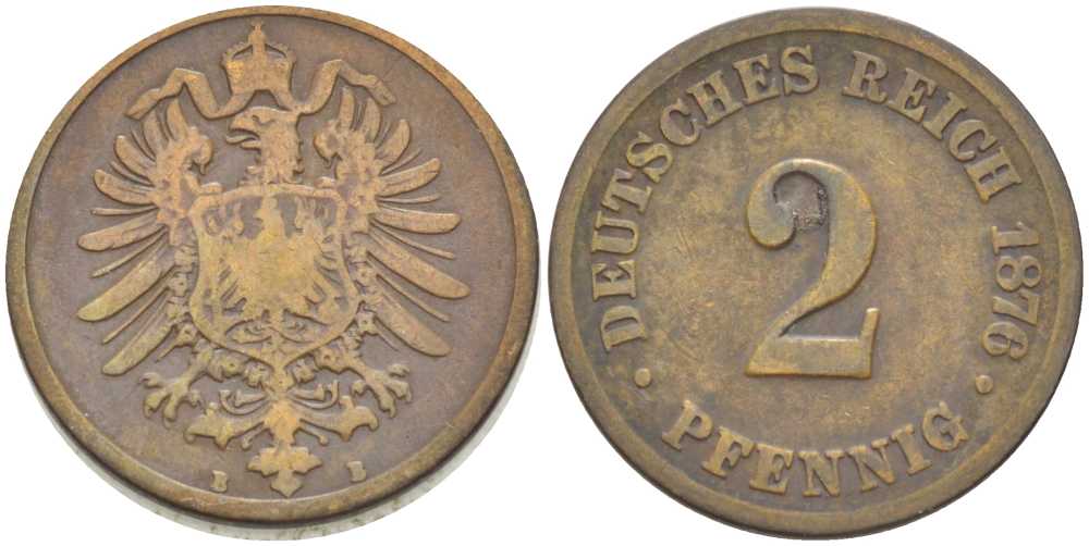 ГЕРМАНИЯ 2 ПФЕННИГА 1876 B, СТАРОГЕРБОВКА KM 2, J. 2, Weege 3 медь 212-624