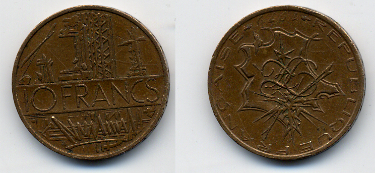 Франция 10 франков 1979 тип Матье KM 940, Le Franc 365.13-14 никель латунь 51-4721