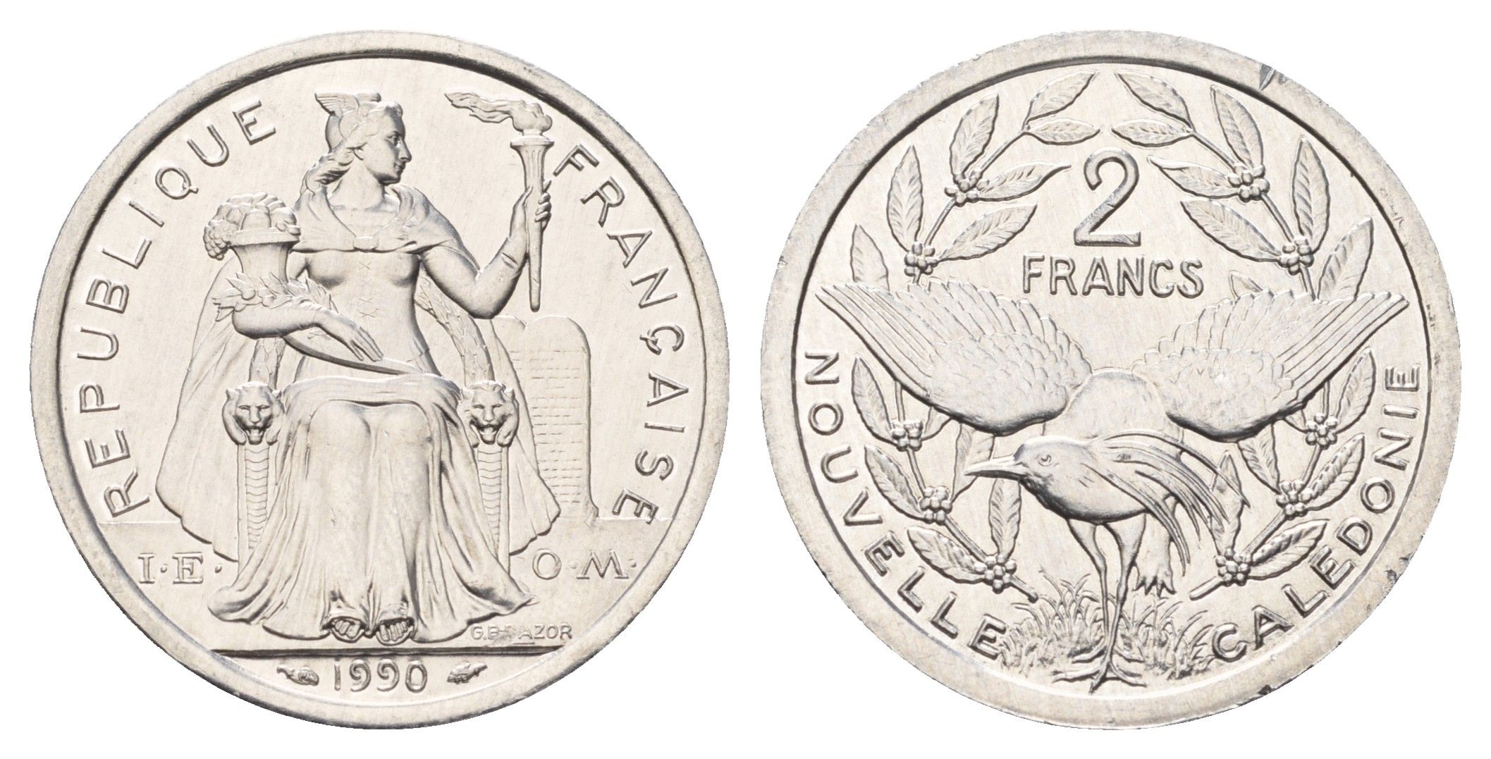 Новая Каледония 2 франка 1990 KM 14 алюминий UNC 4675-935