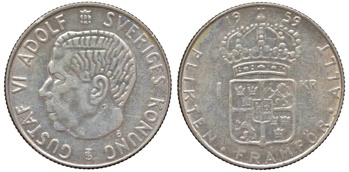 Швеция 1 крона 1959 TS, Густав VI Адольф (1950-1973) KM 826 серебро 4178-741