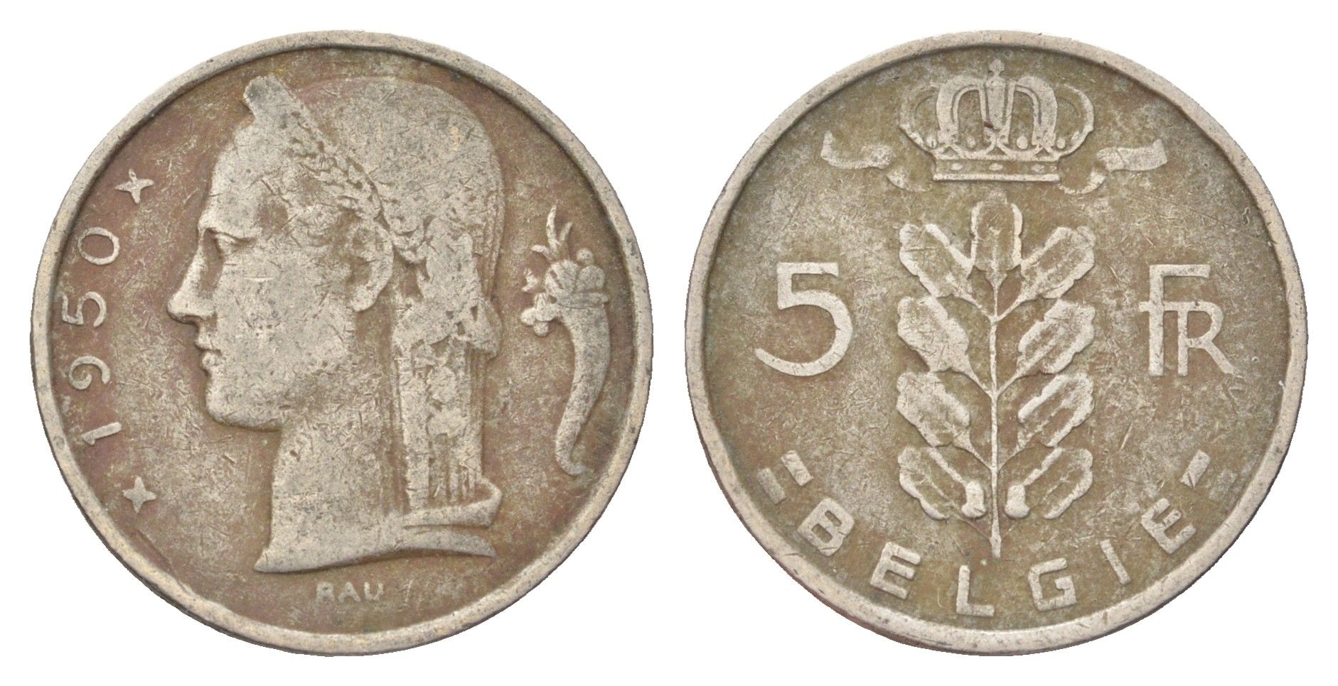 Бельгия 5 франков 1950 Belgie, Бодуэн I (1951-1993) KM 135 медно-никель 4704-1113