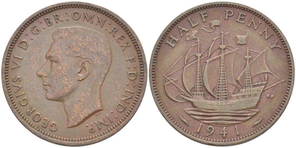 Великобритания 1/2 пенни 1941 Георг VI (1936-1952) KM 844, Spink 4115 бронза 4538-1226