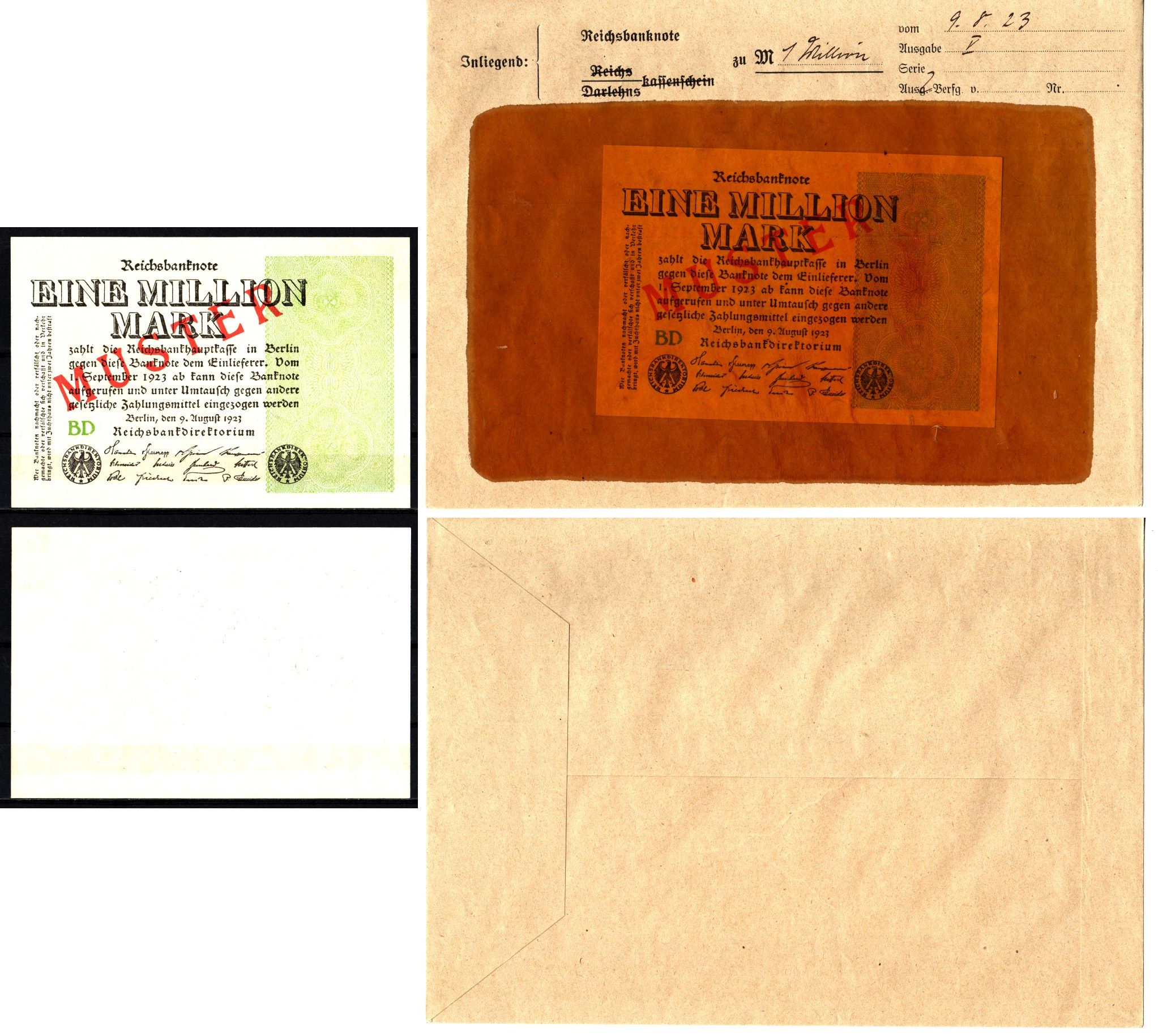 Германия 1000000 марок 1923 темно зеленый, орнамент, 9 августа, MUSTER, образец, Specimen. В оригинальном банковском конверте. Из коллекции Отто Сейфферта (помощник Ялмара Шахта - министра экономики Германии и президента Рейхсбанка времен третьего рейха) 