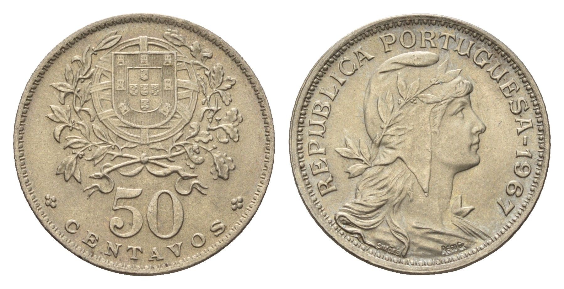 Португалия 50 сентаво 1967 голова Свободы вправо KM 577 никель латунь UNC 4679-526