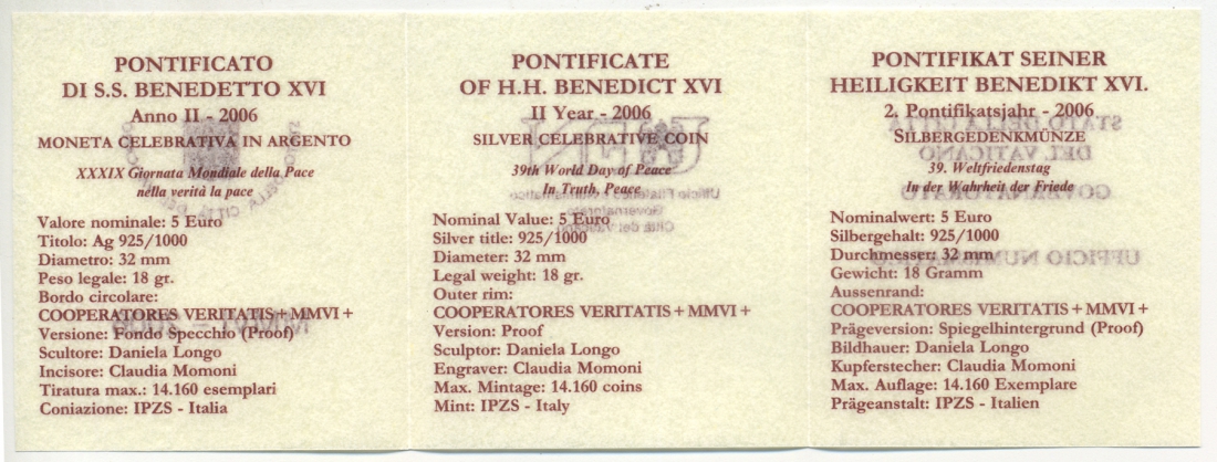 Ватикан 5 евро 2006 Бенедикт XVI, всемирный день мира, в оригинальной коробке, с сертификатом KM 395 серебро PROOF 7-1-71