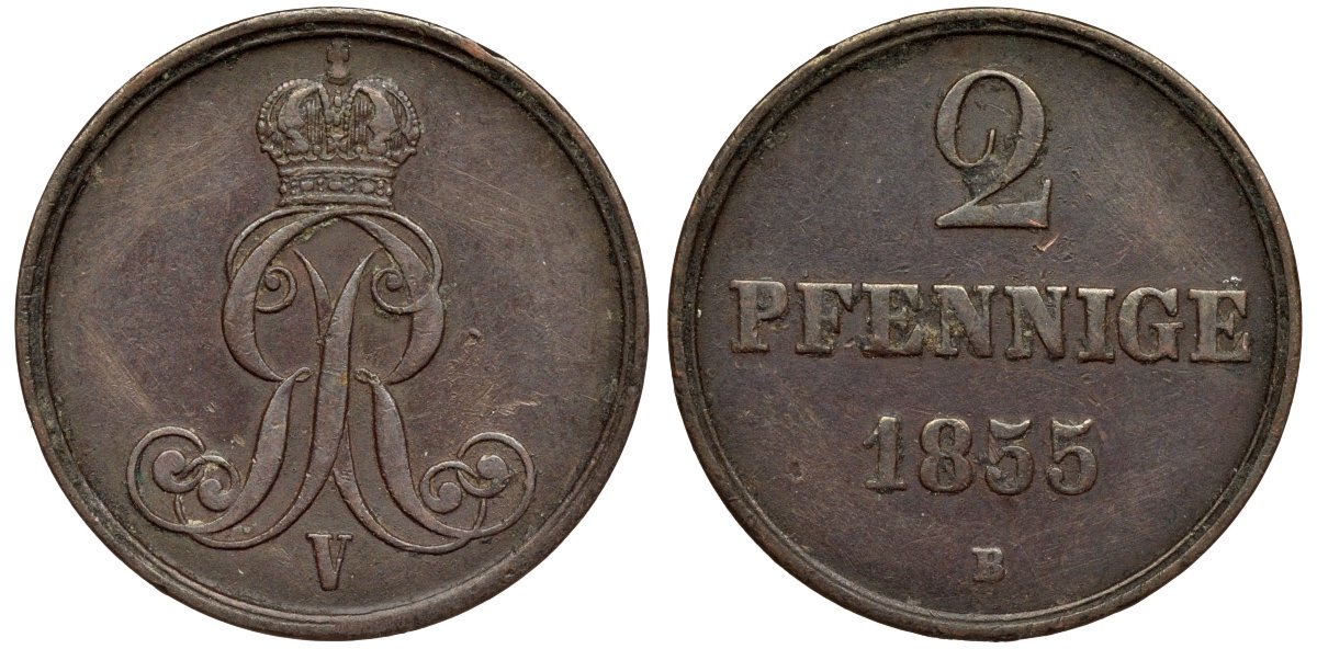 Брауншвейг-Каленберг-Ганновер 2 пфеннига 1855 B, Георг V (1851-1866) KM 217,aKS 152, J. 84 медь 4142-237