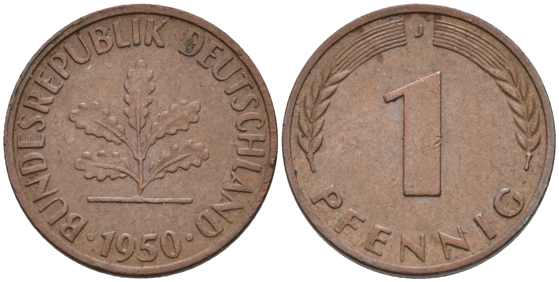 ФРГ 1 пфенниг 1950 J KM 105, J. 380 сталь плакированная медью    4115-111