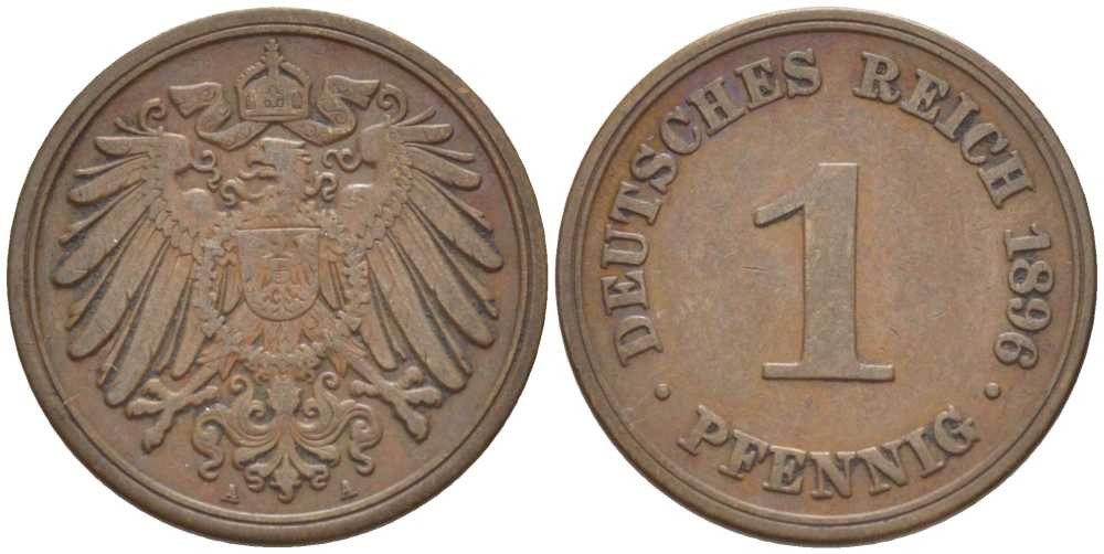 ГЕРМАНИЯ 1 ПФЕННИГ 1896 A KM 10, J. 10, Weege 2 медь 211-214