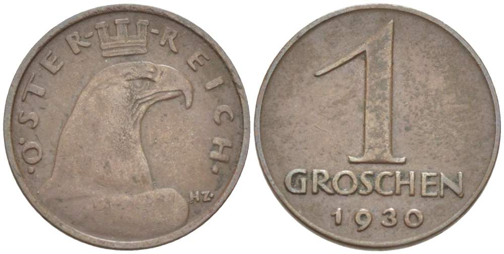 АВСТРИЯ 1 ГРОШ 1930 KM 2836 бронза 4523-233