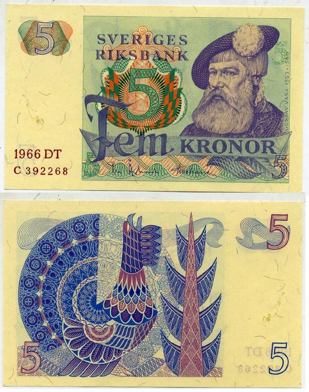 Швеция 5 крон 1966 DT, Густав I Ваза Pick 51a бумага aUNC 2192-3-3-1