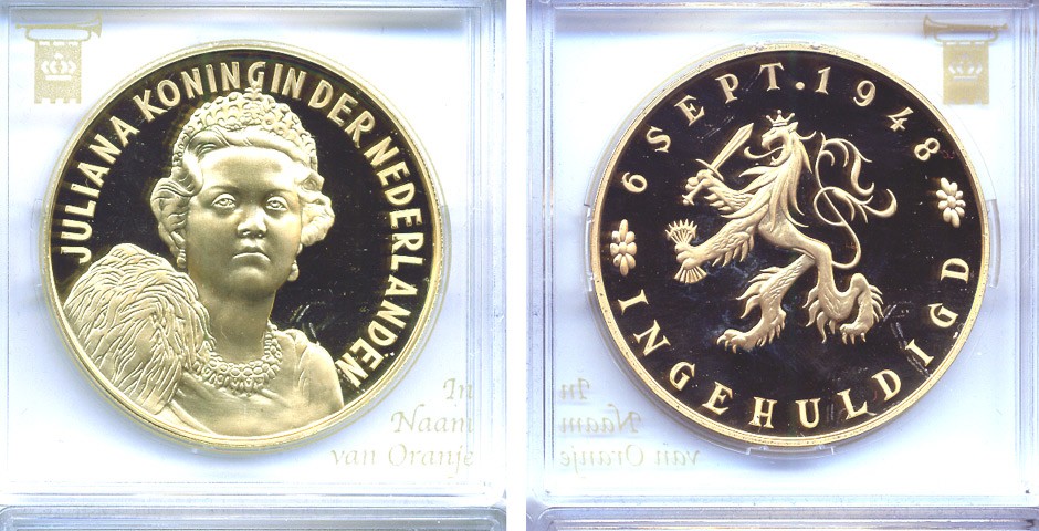 НИДЕРЛАНДЫ МЕДАЛЬ ND 6 СЕНТЯБРЯ 1948 ГОДА ОТРЕЧЕНИЕ ОТ ПРЕСТОЛА ВИЛЬГЕЛЬМИНЫ В ПОЛЬЗУ КОРОЛЕВЫ ЮЛИАНЫ бронза, позолота PROOF 5-3-1-72
