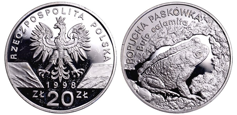 Польша 20 злотых 1998 серия сохраним наш мир, лягушка, тираж 20000 экз. KM 343, Par. 774 серебро PROOF 00-821-84