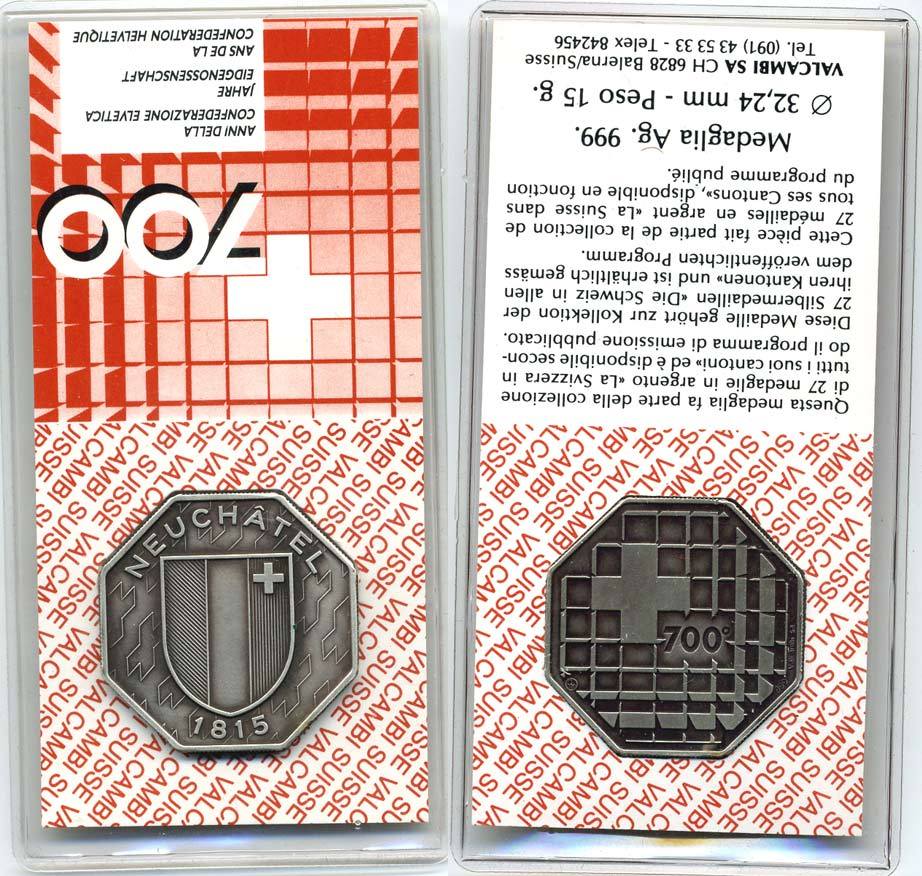 ШВЕЙЦАРИЯ МЕДАЛЬ ND 700 ЛЕТ КОНФЕДЕРАЦИИ, ГОРОД НЕВШАТЕЛЬ 1815 ГОД, БУКЛЕТ, ЗАПАЙКА серебро UNC 7-4-29