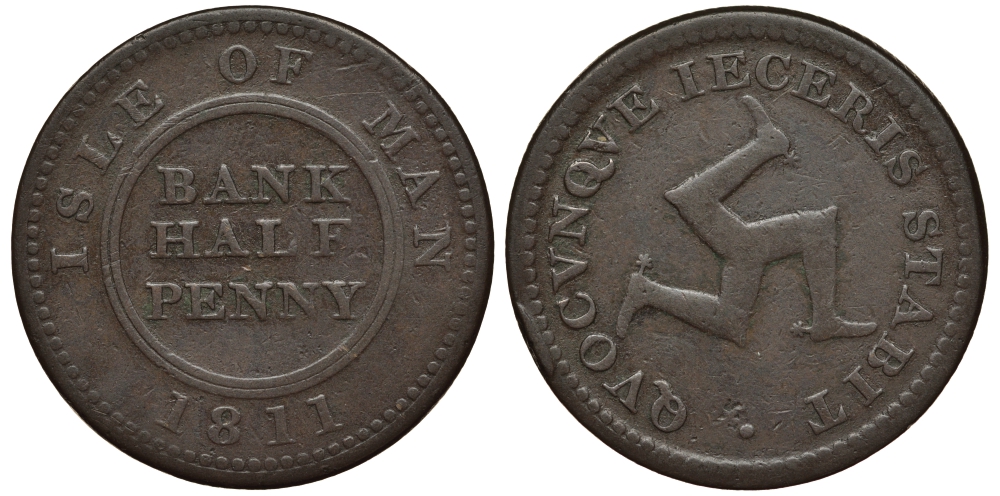 Остров Мэн 1/2 пенни 1811 банковский токен KM Tn3 медь 650-334