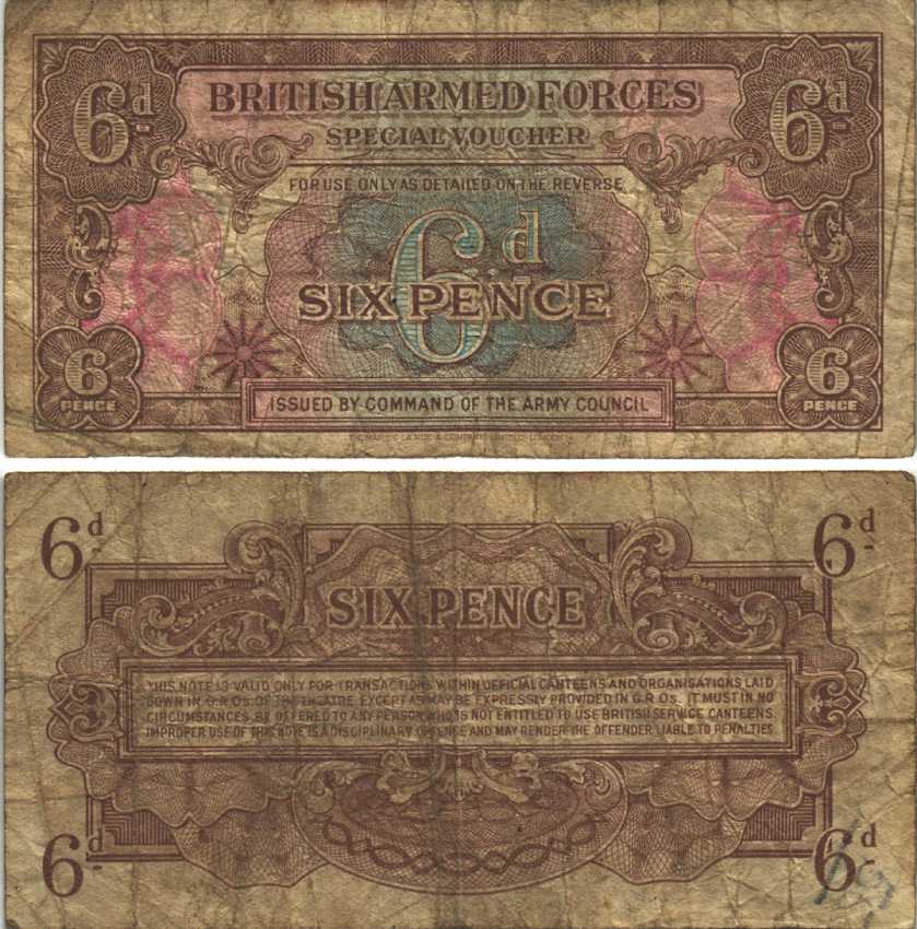 АНГЛИЯ 6 ПЕНСОВ 1946 ДЛЯ ВООРУЖЕННЫХ СИЛ, СПЕЦИАЛЬНЫЙ ВАУЧЕР Pick M10а бумага F 7551-10-2-2