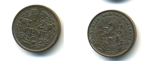 НИДЕРЛАНДЫ 1/2 ЦЕНТА 1937 KM 138 бронза 84-914