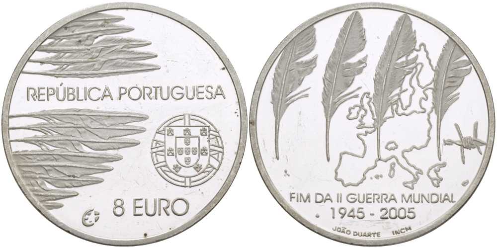 Португалия 8 евро 2005 60 лет окончания 2-ой мировой войне KM 773а серебро PROOF 1076-2-33