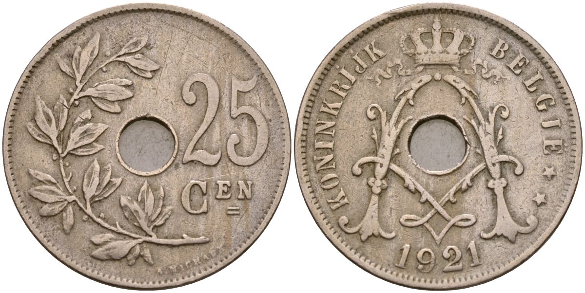 Бельгия 25 сантимов 1921 KM 69 медно-никель 4165-414