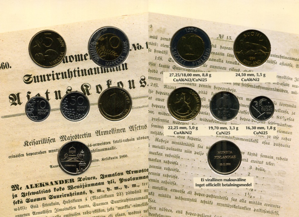 ФИНЛЯНДИЯ ГОСНАБОР ИЗ 5 МОНЕТ ПЛЮС ОРИГИНАЛЬНЫЙ ЖЕТОН 1994 UNC 3-4-1-48