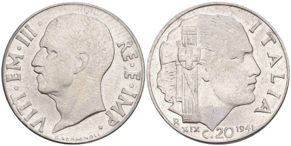 ИТАЛИЯ 20 ЧЕНТЕЗИМО 1941 R, ГОД XIX, ВИКТОР ЭММАНУИЛ III (1900-1946) KM 75b, VEM3. 1028 нержавеющая сталь 3853-624