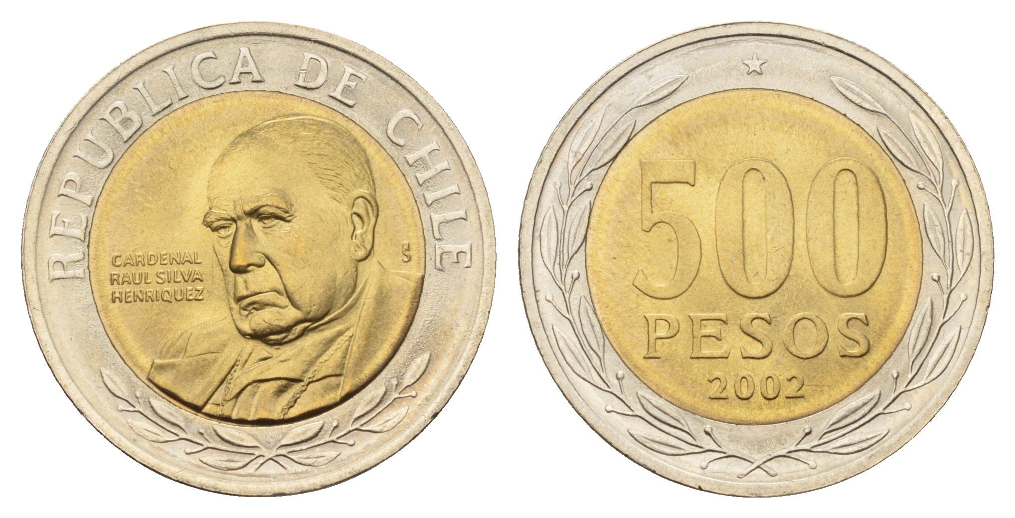 Чили 500 песо 2002 кардинал Рауль Сильва Энрикес (1907-1999) KM 235 биметалл UNC 4620-114