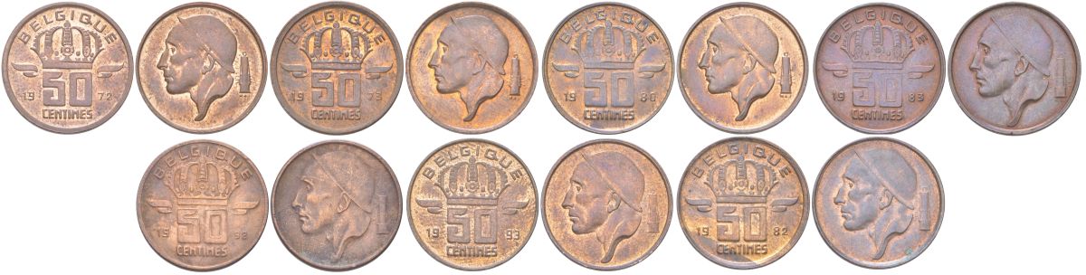 Бельгия набор из 7 монет разных годов (50 сантимов) 1972, 1973, 1980, 1982, 1983, 1992 и 1993 Belgique, Бодуэн I (1951-1993) KM 148 бронза 4614-141-147