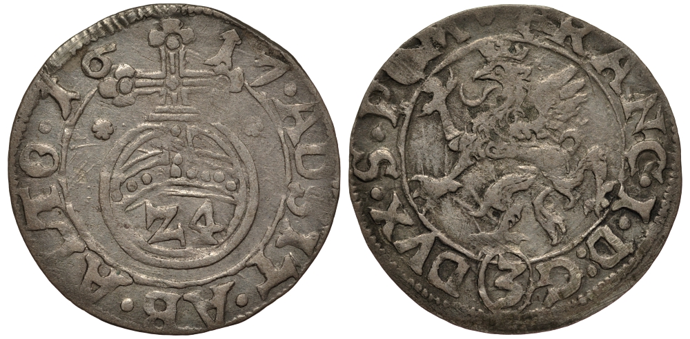 КОШЛИН, ПОМЕРАНИЯ 1/24 ТАЛЕРА 1617 ГЕРЦОГ ФРАНЦ (1602-1618), ВЕС 1,32 ГР. серебро 1516-823