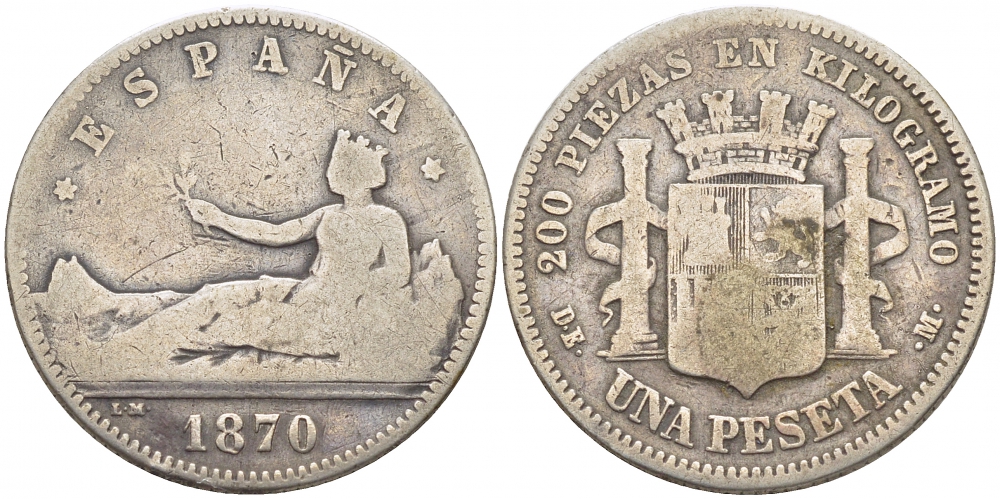 Испания 1 песета 1870 (73) DE-M KM 653 (Y-58) серебро 3896-1135