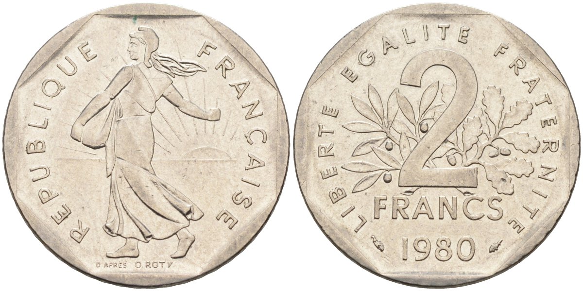 Франция 2 франка 1980 сеятель KM 942.1, Le Franc 272.4 никель 4587-1145